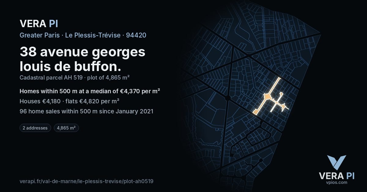 38 avenue georges louis de buffon, Le Plessis-Trévise at night – the plot lit, the parcels around coloured by the prices near them