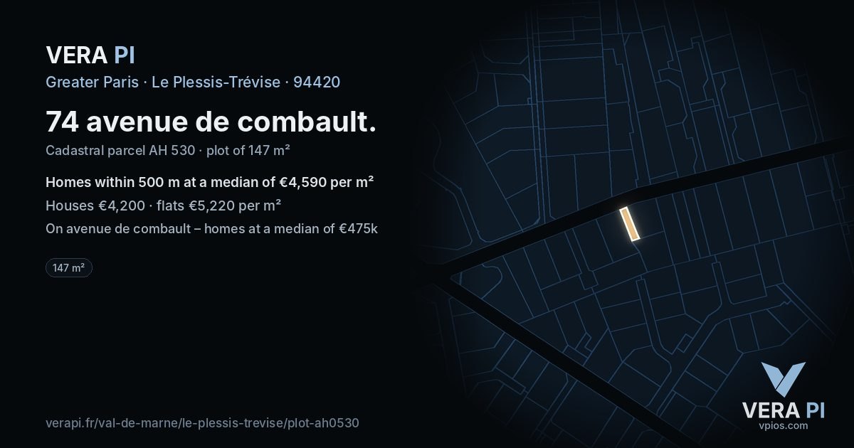 74 avenue de combault, Le Plessis-Trévise at night – the plot lit, the parcels around coloured by the prices near them