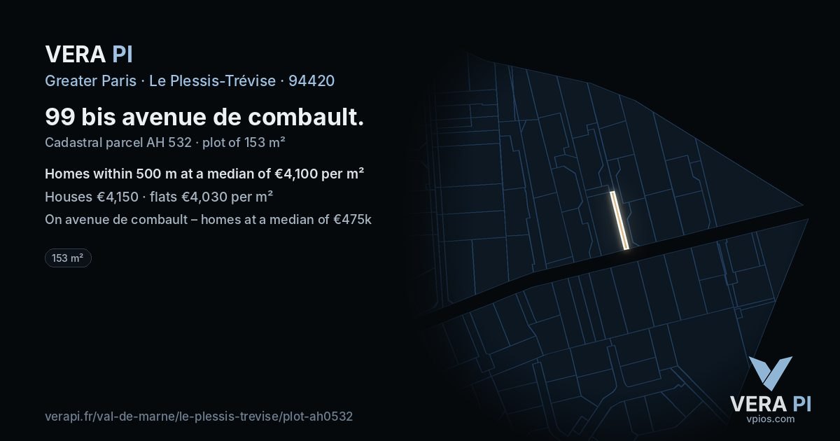 99 bis avenue de combault, Le Plessis-Trévise at night – the plot lit, the parcels around coloured by the prices near them