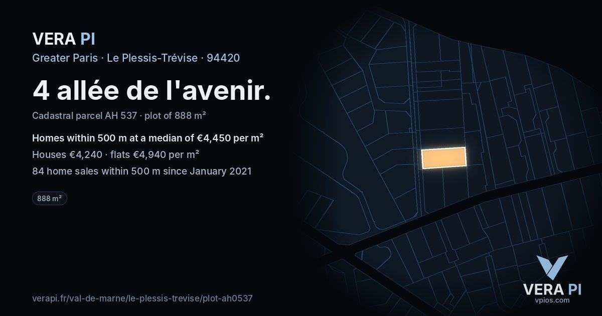 4 allée de l'avenir, Le Plessis-Trévise at night – the plot lit, the parcels around coloured by the prices near them