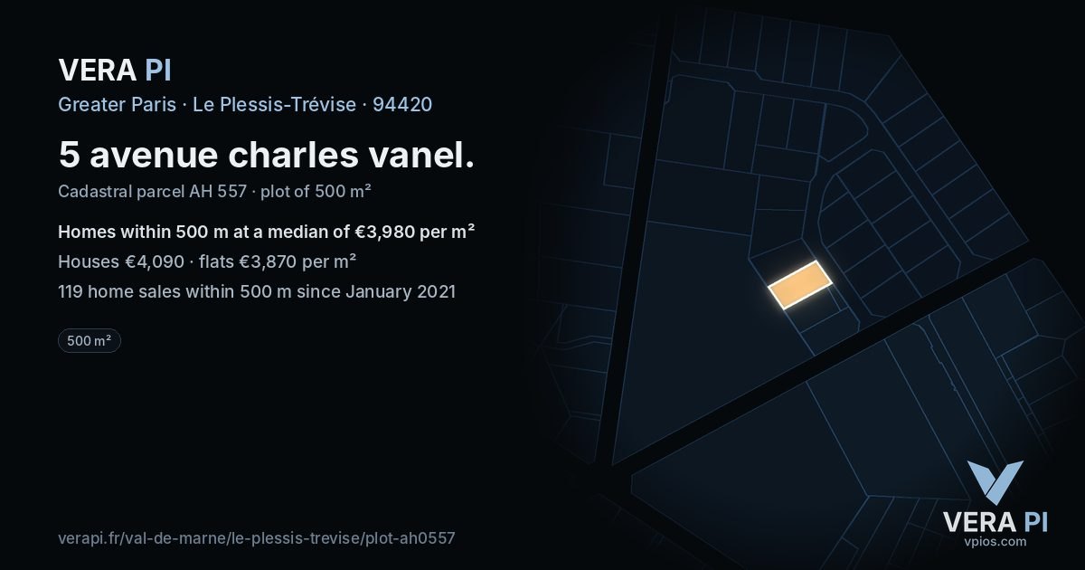 5 avenue charles vanel, Le Plessis-Trévise at night – the plot lit, the parcels around coloured by the prices near them