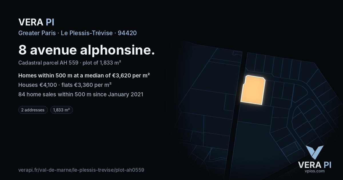 8 avenue alphonsine, Le Plessis-Trévise at night – the plot lit, the parcels around coloured by the prices near them