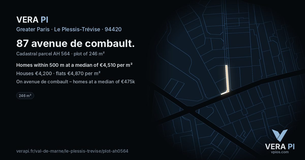 87 avenue de combault, Le Plessis-Trévise at night – the plot lit, the parcels around coloured by the prices near them