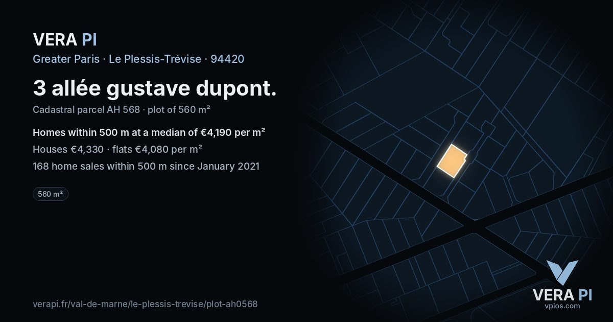 3 allée gustave dupont, Le Plessis-Trévise at night – the plot lit, the parcels around coloured by the prices near them