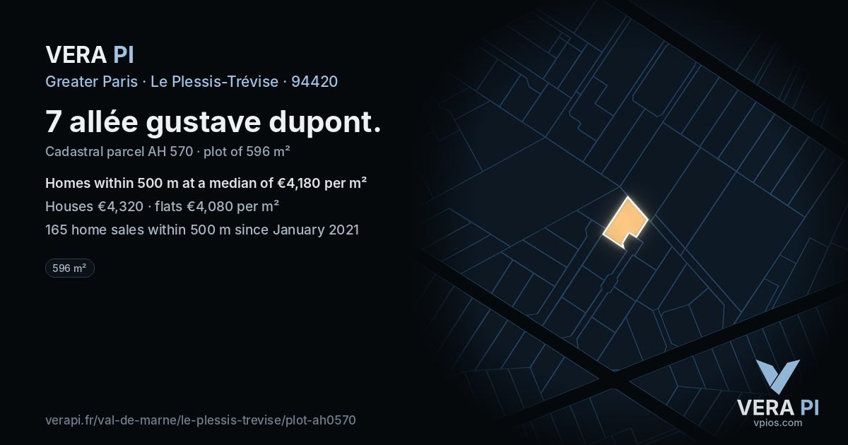 7 allée gustave dupont, Le Plessis-Trévise at night – the plot lit, the parcels around coloured by the prices near them