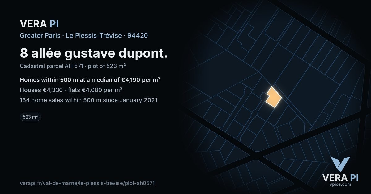 8 allée gustave dupont, Le Plessis-Trévise at night – the plot lit, the parcels around coloured by the prices near them