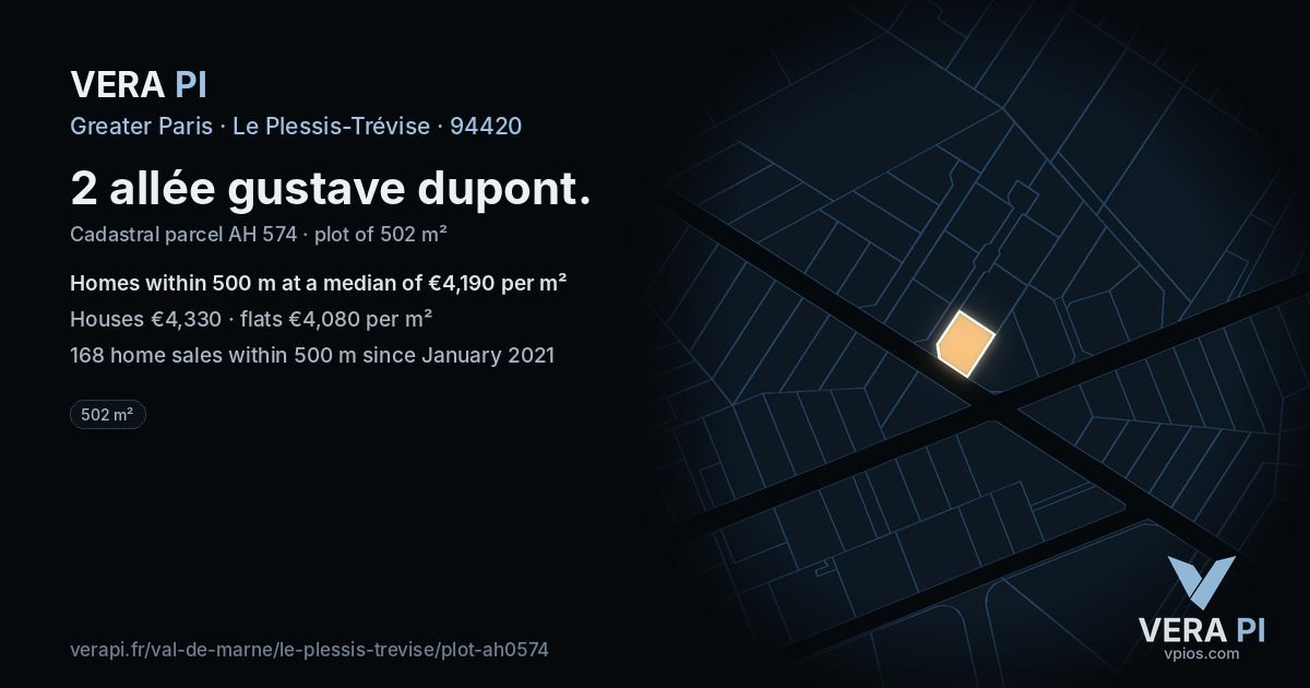 2 allée gustave dupont, Le Plessis-Trévise at night – the plot lit, the parcels around coloured by the prices near them