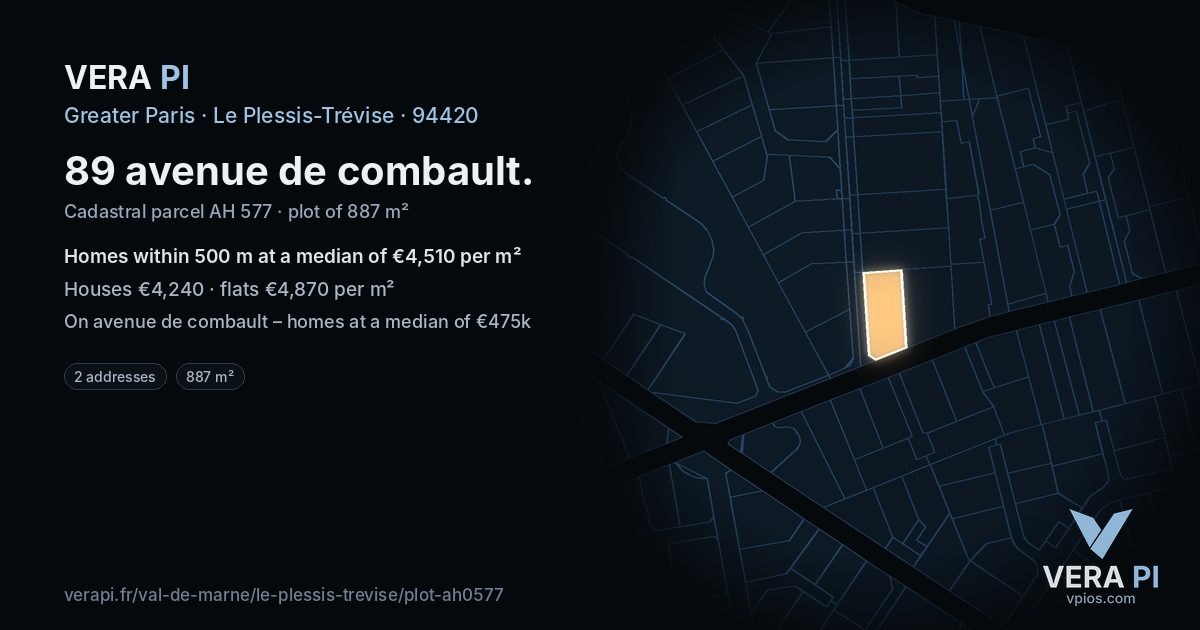 89 avenue de combault, Le Plessis-Trévise at night – the plot lit, the parcels around coloured by the prices near them