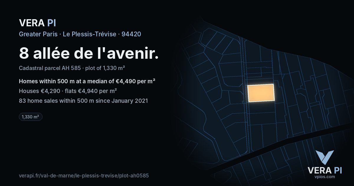 8 allée de l'avenir, Le Plessis-Trévise at night – the plot lit, the parcels around coloured by the prices near them