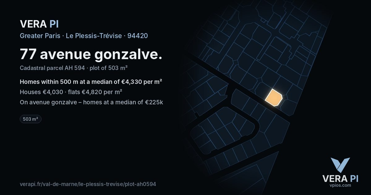 77 avenue gonzalve, Le Plessis-Trévise at night – the plot lit, the parcels around coloured by the prices near them