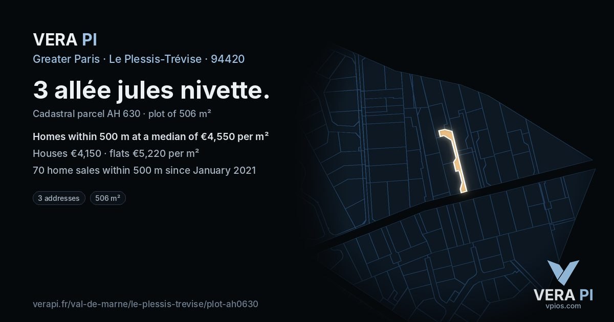 3 allée jules nivette, Le Plessis-Trévise at night – the plot lit, the parcels around coloured by the prices near them
