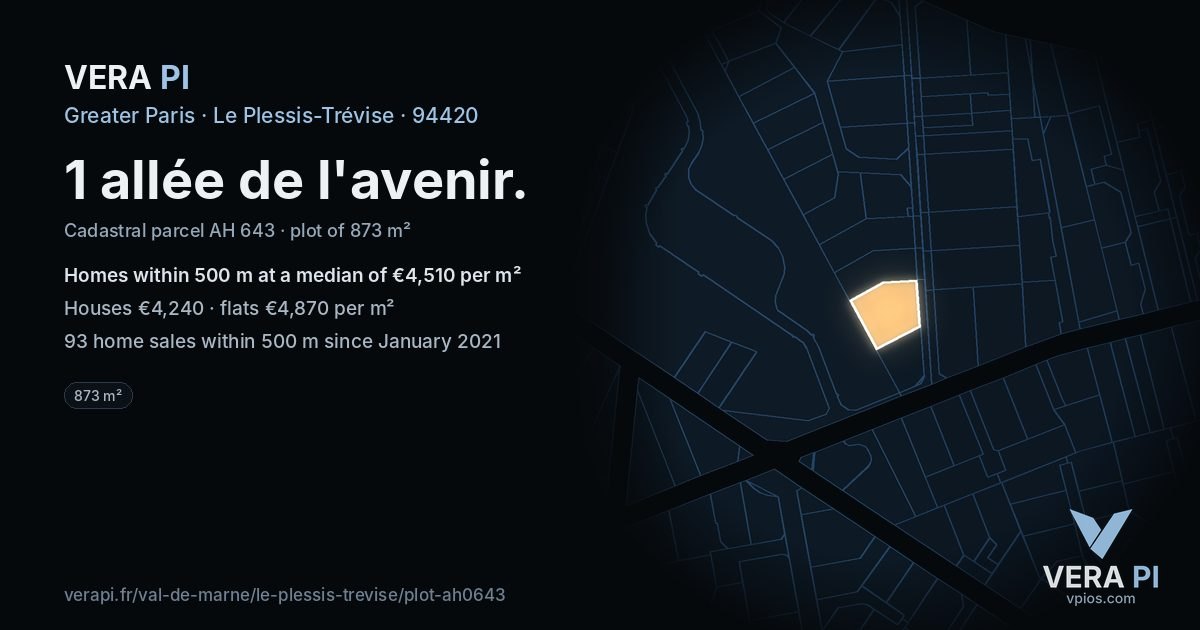 1 allée de l'avenir, Le Plessis-Trévise at night – the plot lit, the parcels around coloured by the prices near them