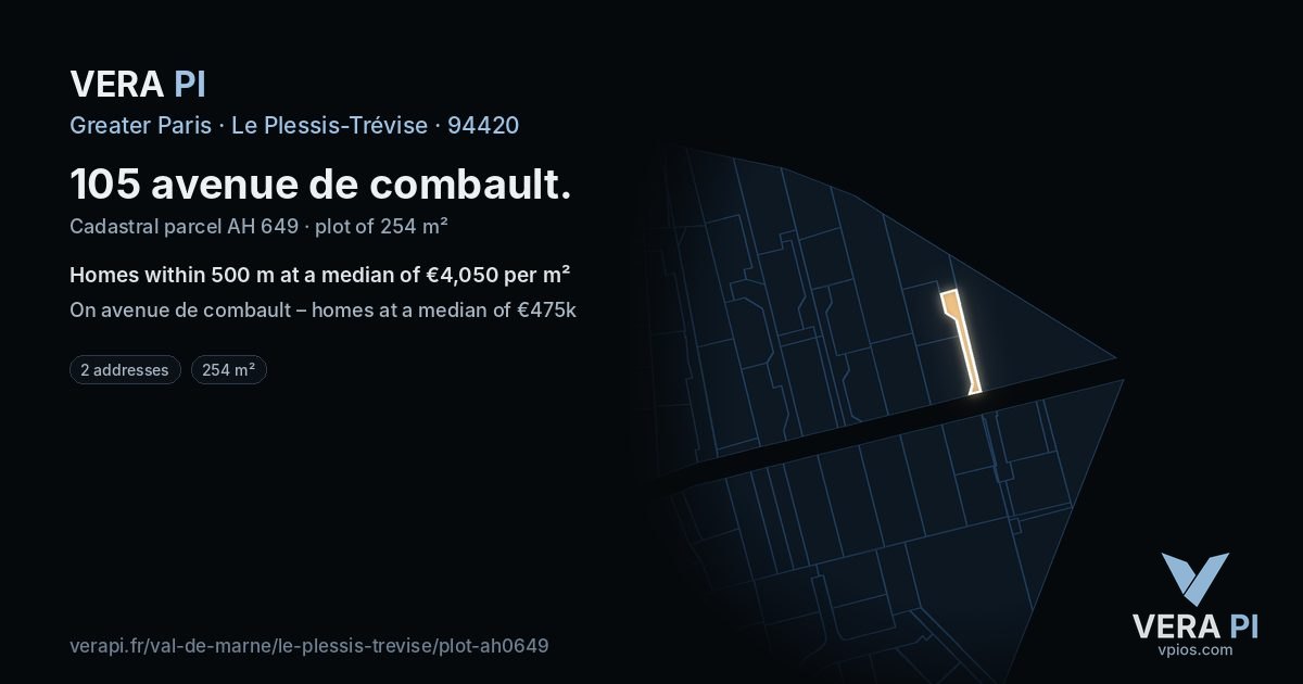 105 avenue de combault, Le Plessis-Trévise at night – the plot lit, the parcels around coloured by the prices near them