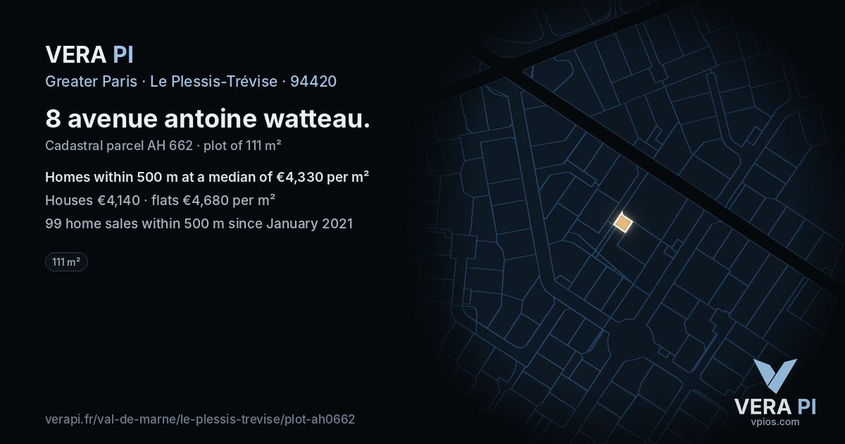 8 avenue antoine watteau, Le Plessis-Trévise at night – the plot lit, the parcels around coloured by the prices near them