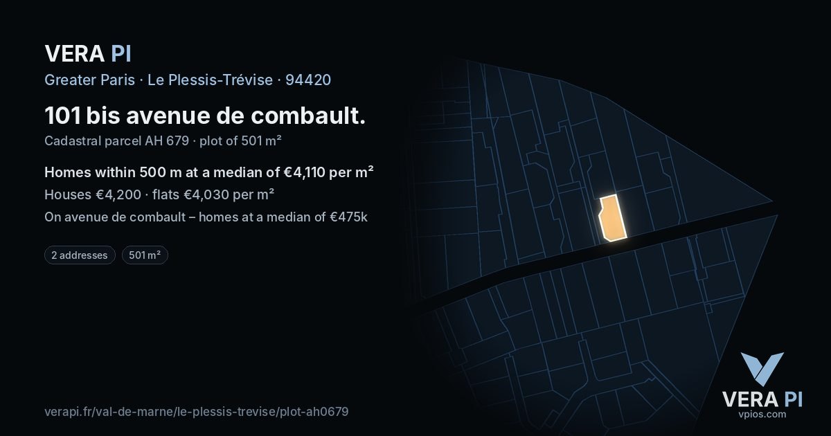 101 bis avenue de combault, Le Plessis-Trévise at night – the plot lit, the parcels around coloured by the prices near them