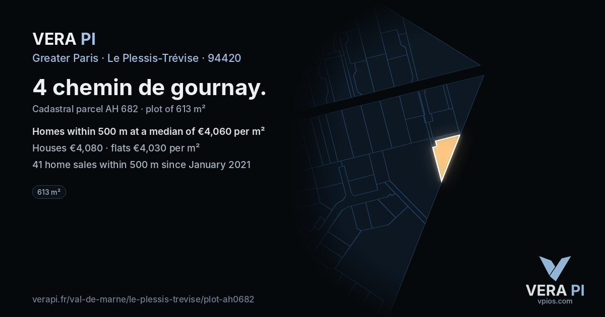 4 chemin de gournay, Le Plessis-Trévise at night – the plot lit, the parcels around coloured by the prices near them