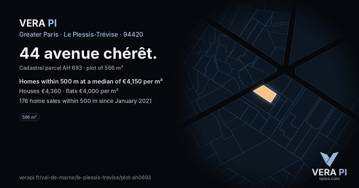 44 avenue chérêt, Le Plessis-Trévise at night – the plot lit, the parcels around coloured by the prices near them