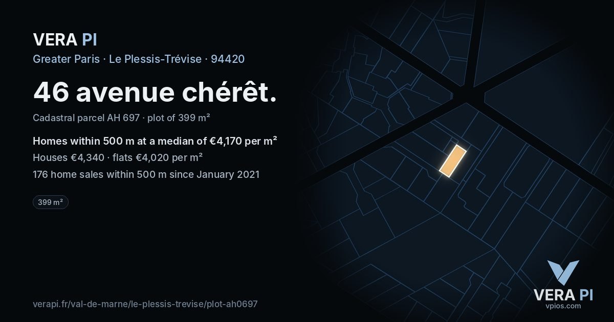 46 avenue chérêt, Le Plessis-Trévise at night – the plot lit, the parcels around coloured by the prices near them