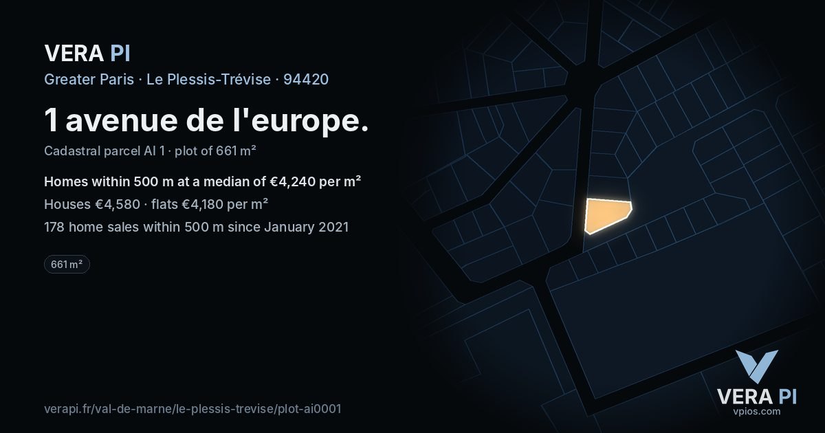1 avenue de l'europe, Le Plessis-Trévise at night – the plot lit, the parcels around coloured by the prices near them