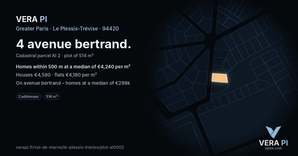 4 avenue bertrand, Le Plessis-Trévise at night – the plot lit, the parcels around coloured by the prices near them