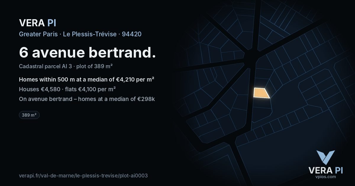 6 avenue bertrand, Le Plessis-Trévise at night – the plot lit, the parcels around coloured by the prices near them