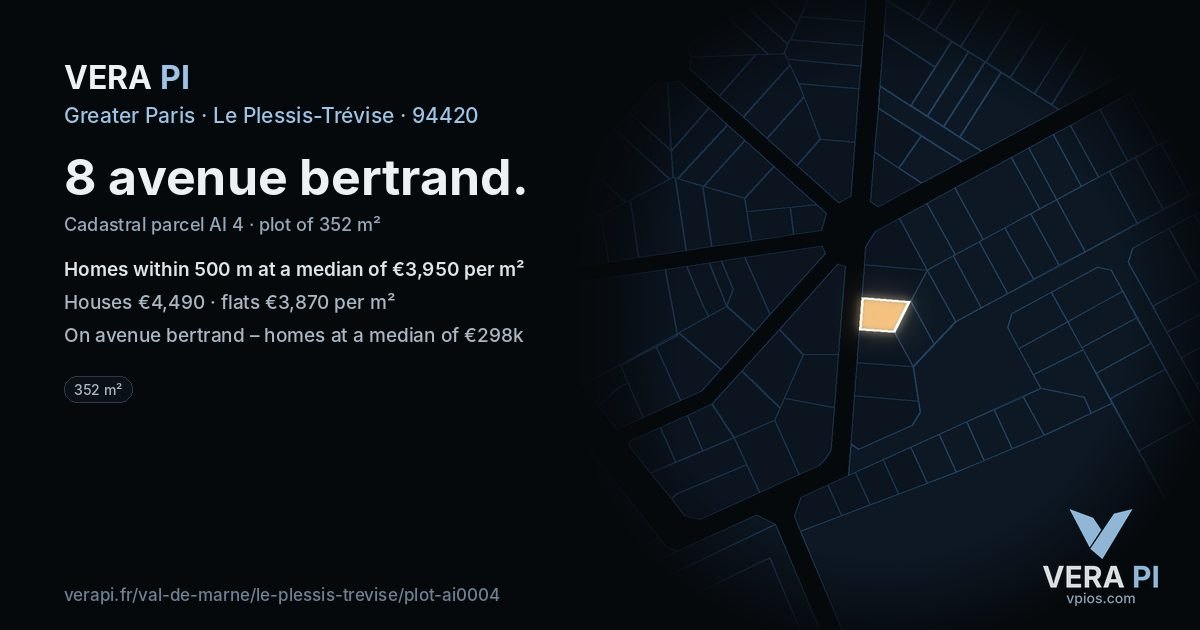 8 avenue bertrand, Le Plessis-Trévise at night – the plot lit, the parcels around coloured by the prices near them