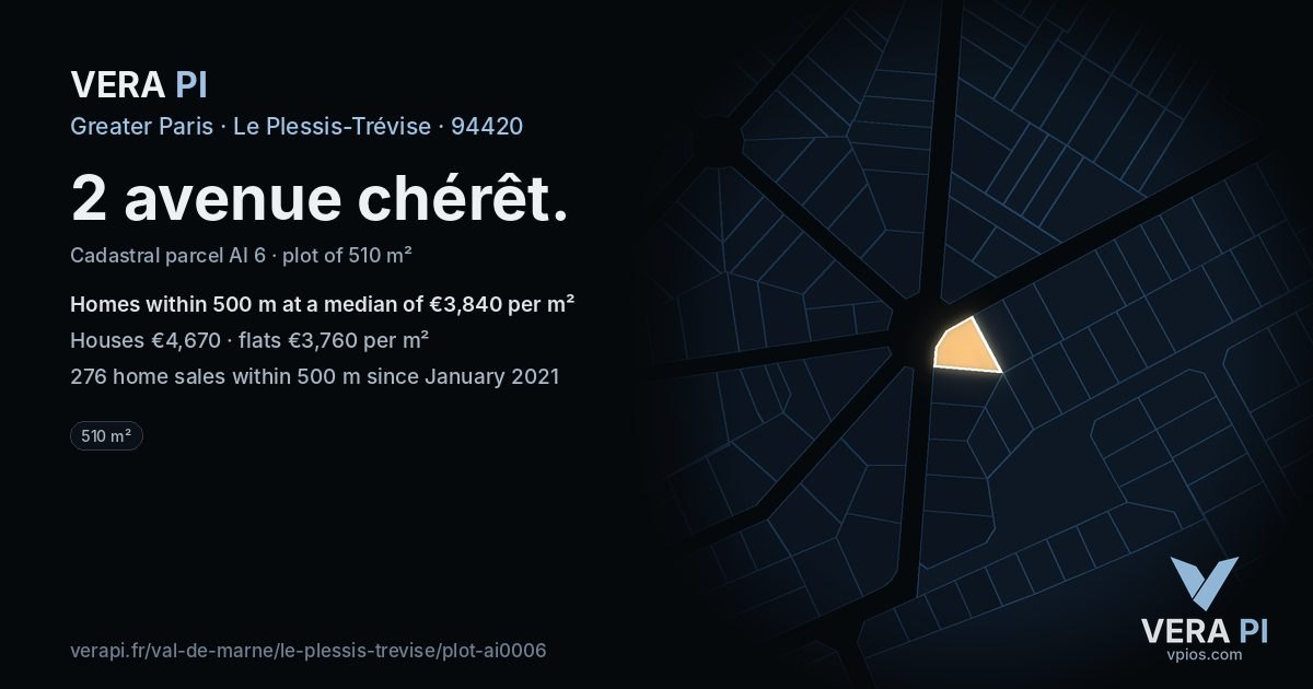 2 avenue chérêt, Le Plessis-Trévise at night – the plot lit, the parcels around coloured by the prices near them