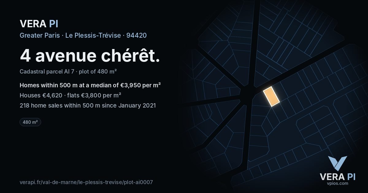 4 avenue chérêt, Le Plessis-Trévise at night – the plot lit, the parcels around coloured by the prices near them