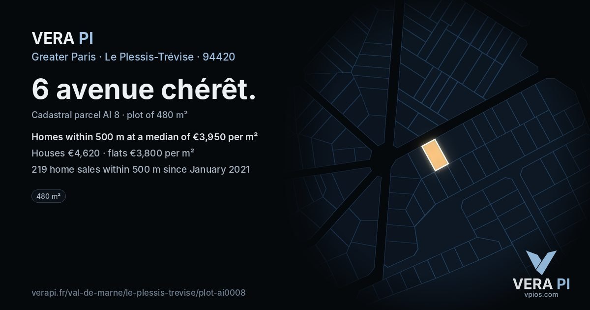 6 avenue chérêt, Le Plessis-Trévise at night – the plot lit, the parcels around coloured by the prices near them