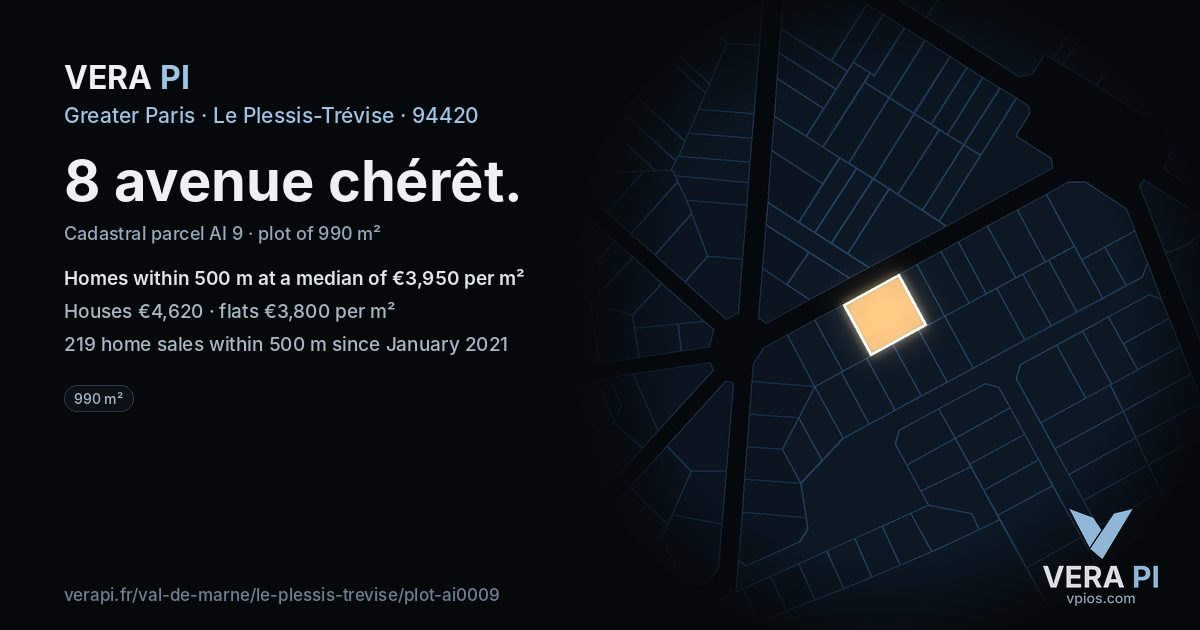 8 avenue chérêt, Le Plessis-Trévise at night – the plot lit, the parcels around coloured by the prices near them