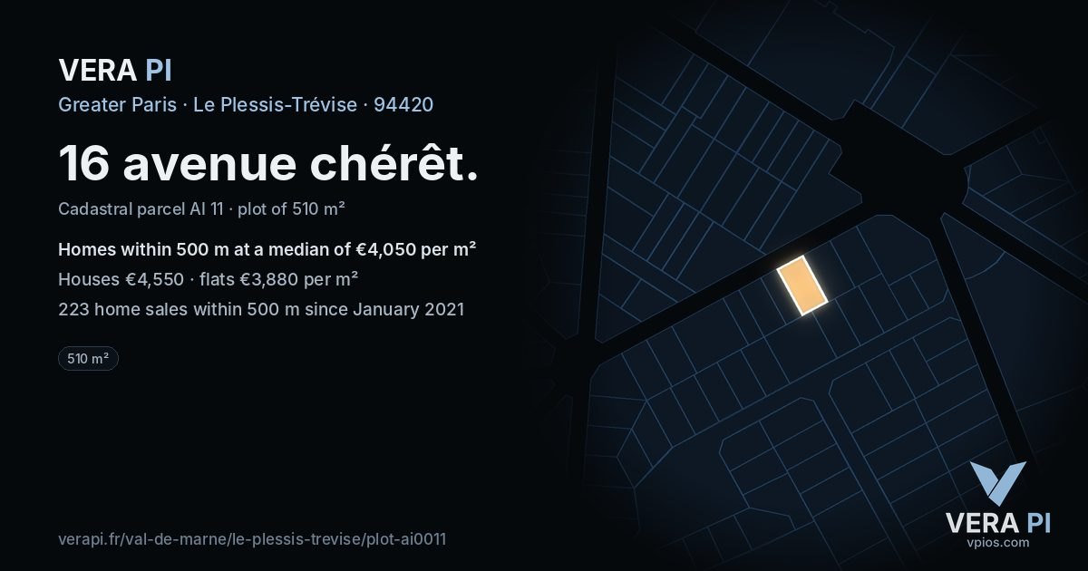 16 avenue chérêt, Le Plessis-Trévise at night – the plot lit, the parcels around coloured by the prices near them