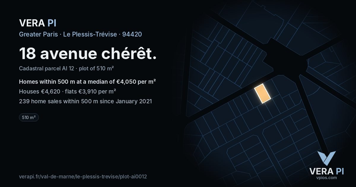18 avenue chérêt, Le Plessis-Trévise at night – the plot lit, the parcels around coloured by the prices near them