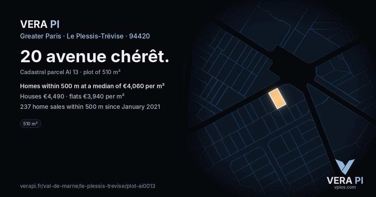 20 avenue chérêt, Le Plessis-Trévise at night – the plot lit, the parcels around coloured by the prices near them