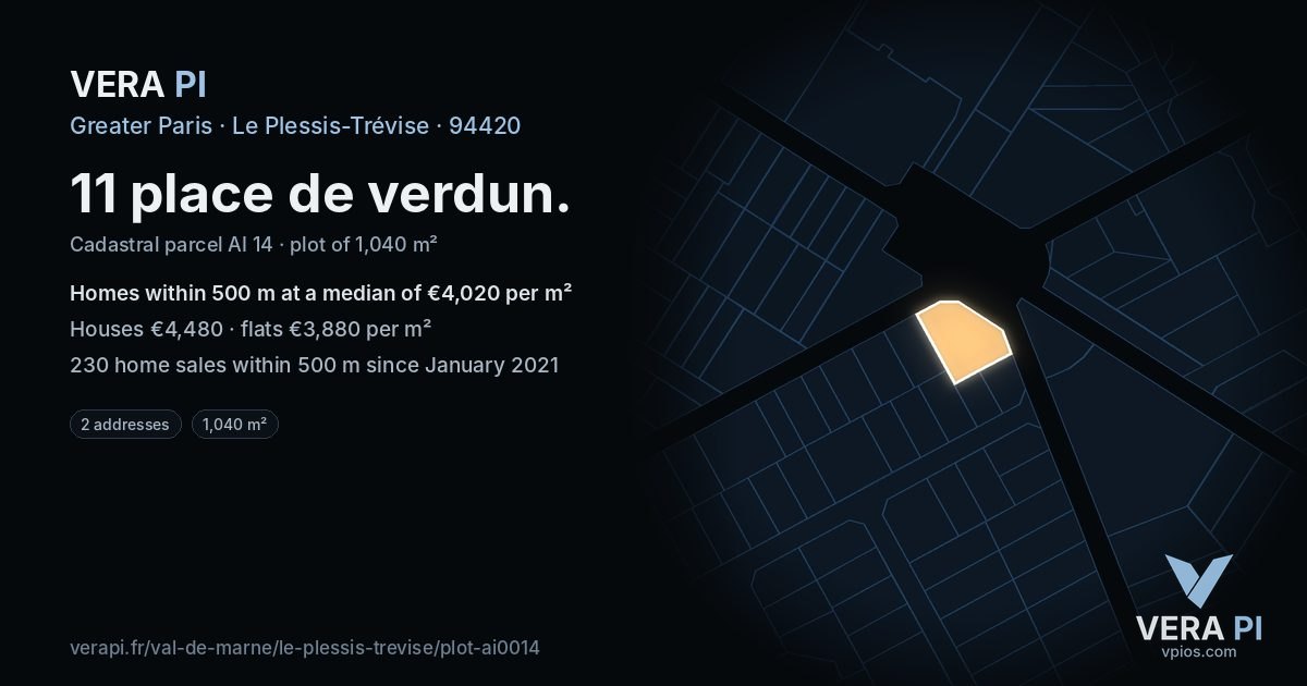 11 place de verdun, Le Plessis-Trévise at night – the plot lit, the parcels around coloured by the prices near them