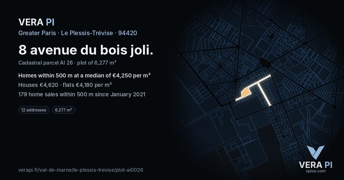 8 avenue du bois joli, Le Plessis-Trévise at night – the plot lit, the parcels around coloured by the prices near them