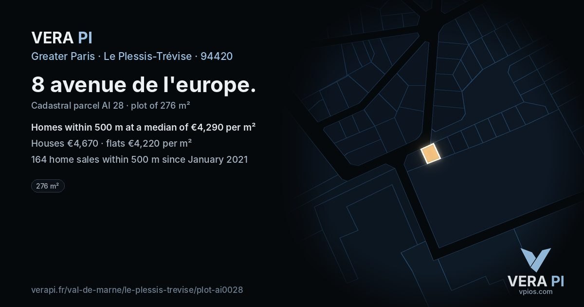 8 avenue de l'europe, Le Plessis-Trévise at night – the plot lit, the parcels around coloured by the prices near them