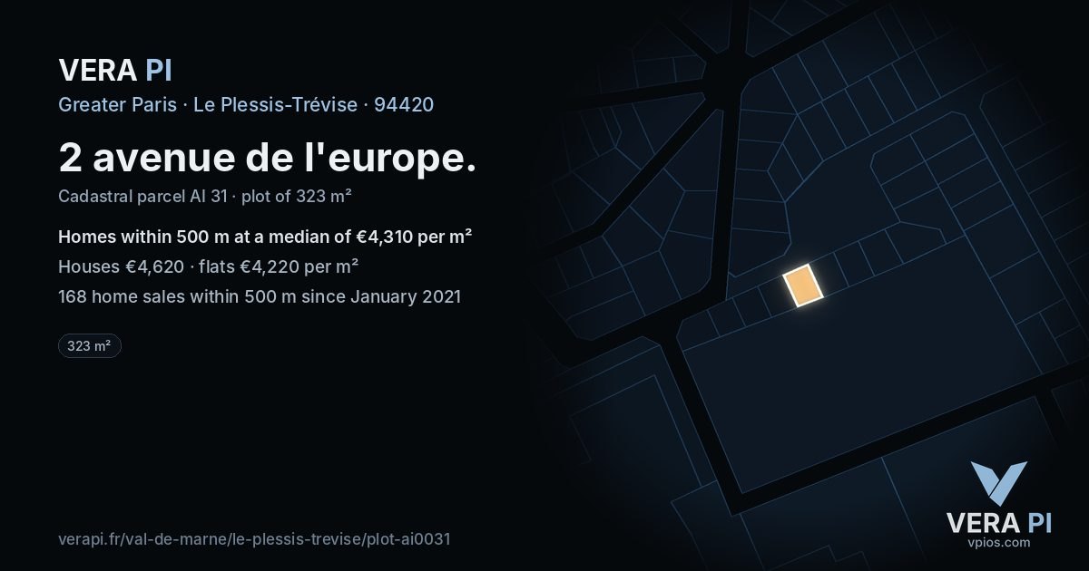 2 avenue de l'europe, Le Plessis-Trévise at night – the plot lit, the parcels around coloured by the prices near them