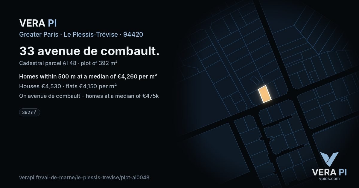 33 avenue de combault, Le Plessis-Trévise at night – the plot lit, the parcels around coloured by the prices near them