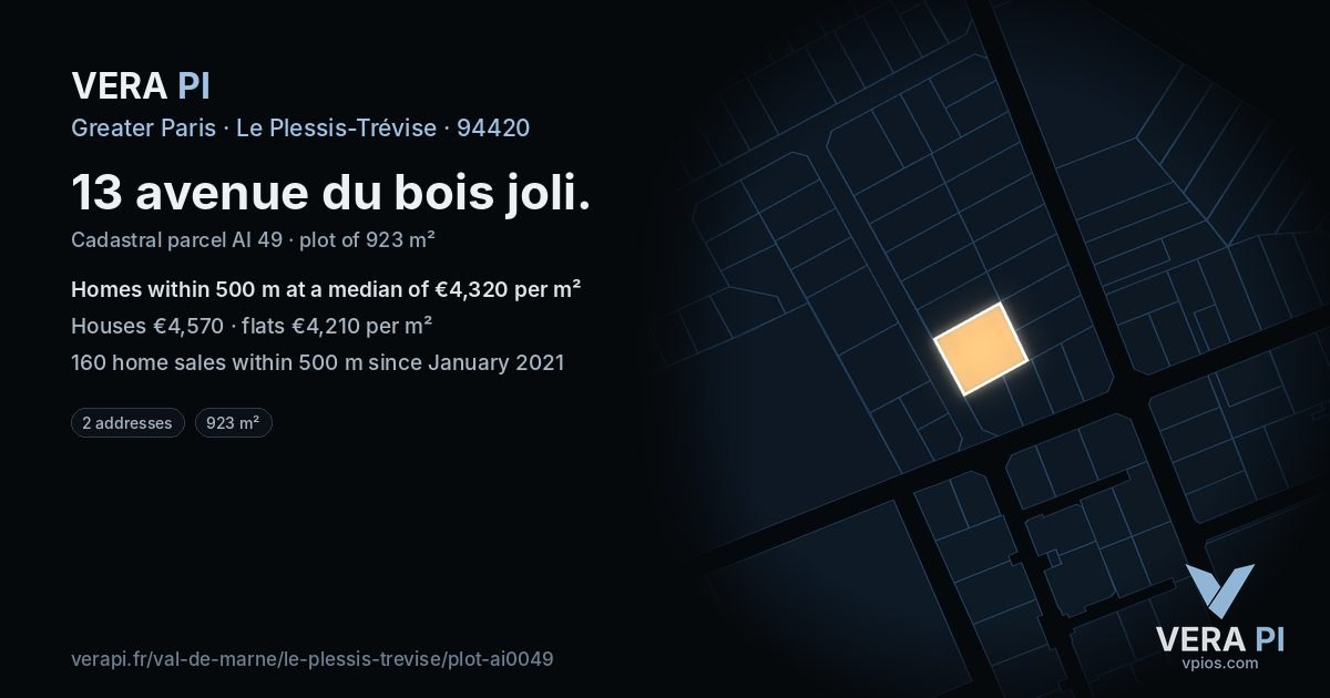 13 avenue du bois joli, Le Plessis-Trévise at night – the plot lit, the parcels around coloured by the prices near them