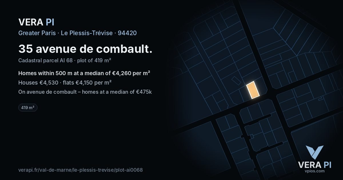 35 avenue de combault, Le Plessis-Trévise at night – the plot lit, the parcels around coloured by the prices near them