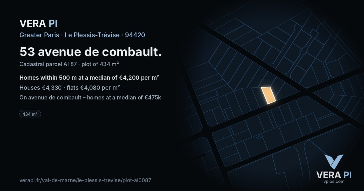 53 avenue de combault, Le Plessis-Trévise at night – the plot lit, the parcels around coloured by the prices near them