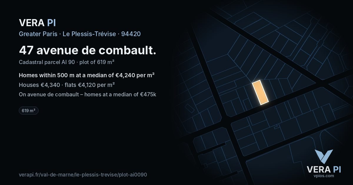 47 avenue de combault, Le Plessis-Trévise at night – the plot lit, the parcels around coloured by the prices near them