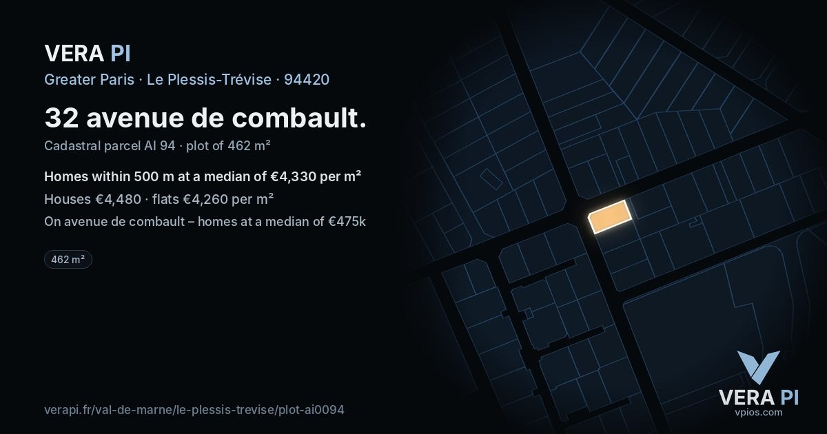 32 avenue de combault, Le Plessis-Trévise at night – the plot lit, the parcels around coloured by the prices near them