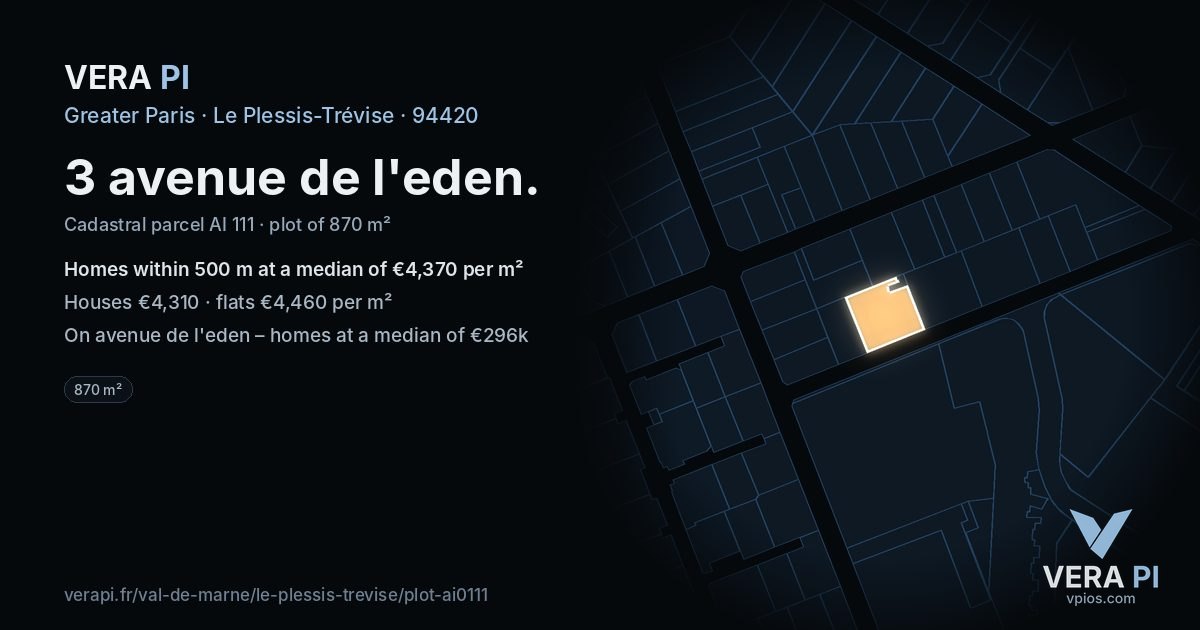 3 avenue de l'eden, Le Plessis-Trévise at night – the plot lit, the parcels around coloured by the prices near them