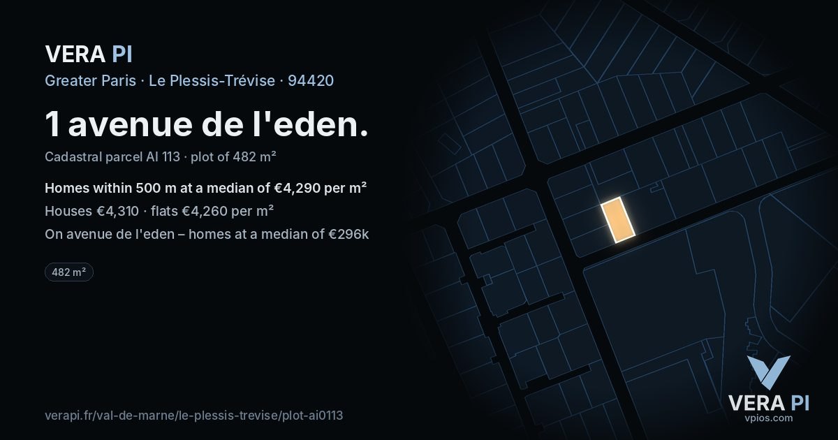 1 avenue de l'eden, Le Plessis-Trévise at night – the plot lit, the parcels around coloured by the prices near them