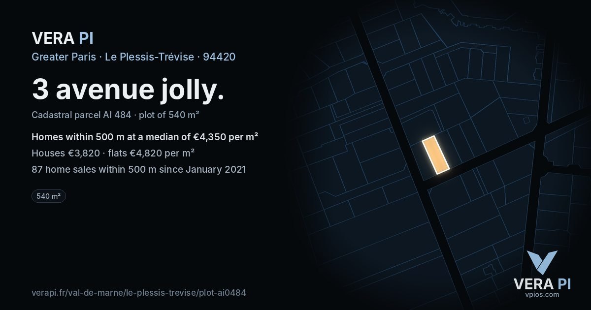3 avenue jolly, Le Plessis-Trévise at night – the plot lit, the parcels around coloured by the prices near them