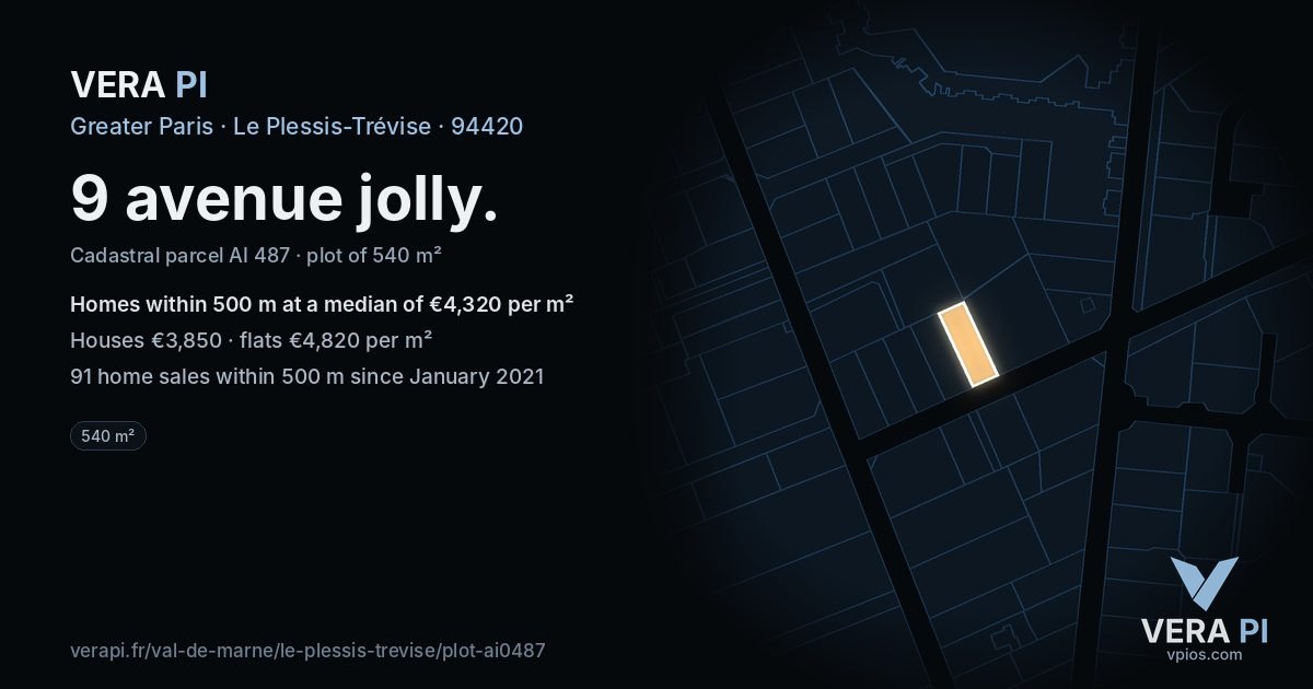 9 avenue jolly, Le Plessis-Trévise at night – the plot lit, the parcels around coloured by the prices near them