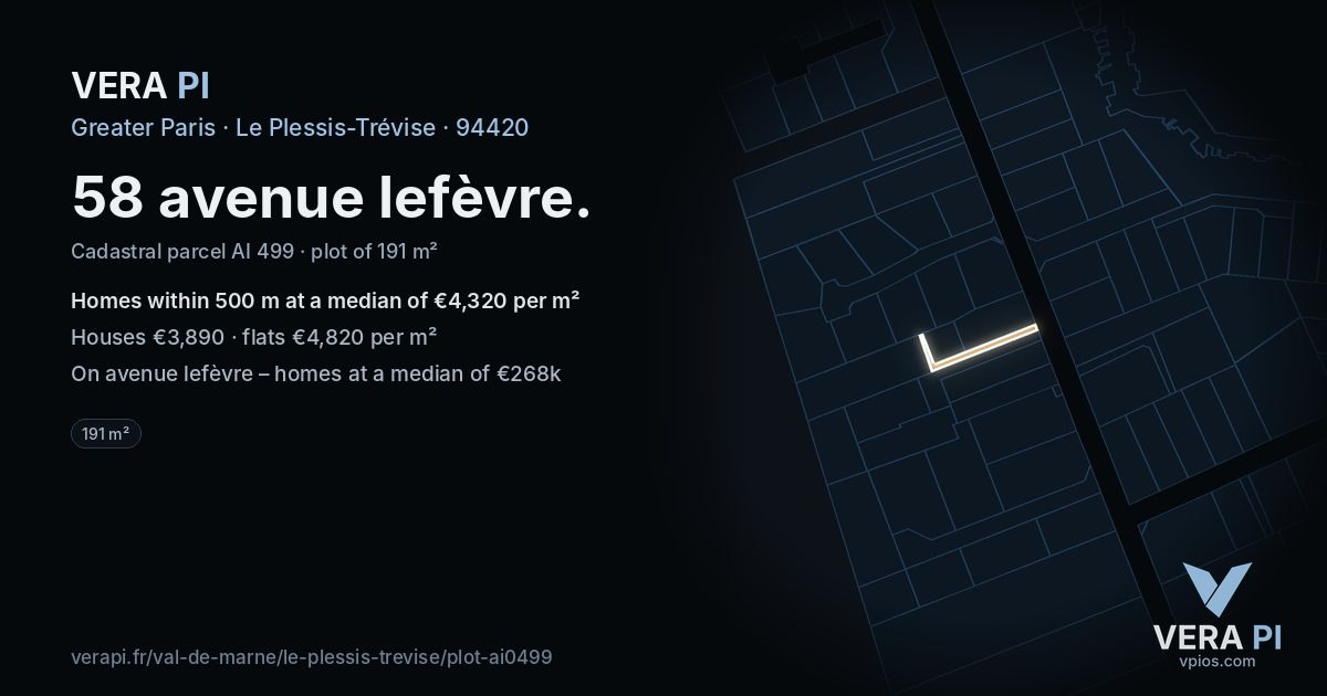 58 avenue lefèvre, Le Plessis-Trévise at night – the plot lit, the parcels around coloured by the prices near them