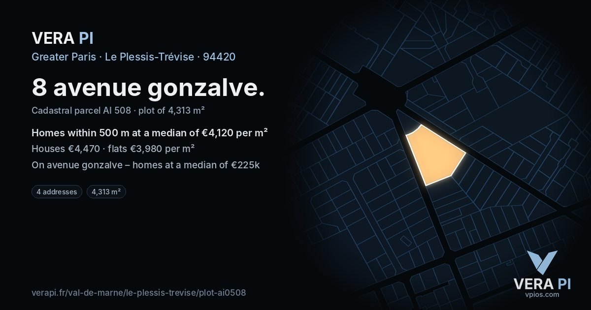 8 avenue gonzalve, Le Plessis-Trévise at night – the plot lit, the parcels around coloured by the prices near them