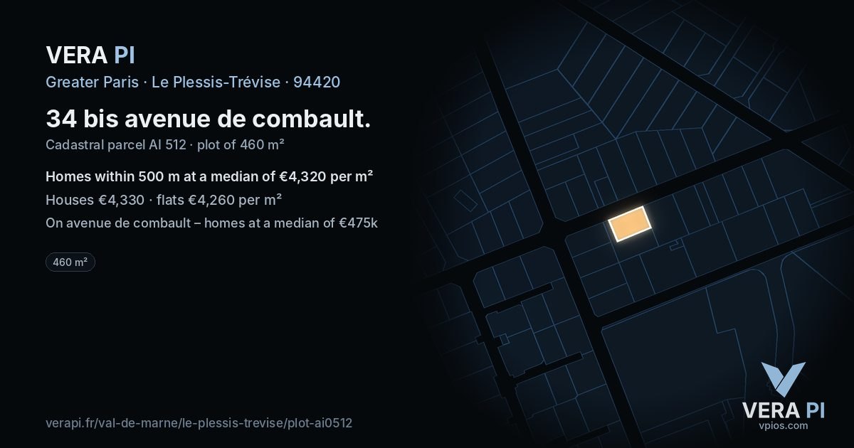 34 bis avenue de combault, Le Plessis-Trévise at night – the plot lit, the parcels around coloured by the prices near them